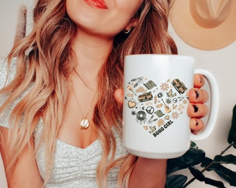 15oz Boho girl coffee mug heart coffee mug