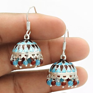 Garnet Turquoise, Inlay, Blue Topaz Indian Jhumki Earring, Handmade 925 sterling silver earring for wedding anniversary Traditional Earrings
