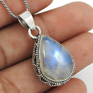 Blue Fire Rainbow Moonstone Pendant, 925 Sterling Silver Pendant, Handmade Teardrop Statement Pendant, Womens Jewelry, Birthday Gift For Her