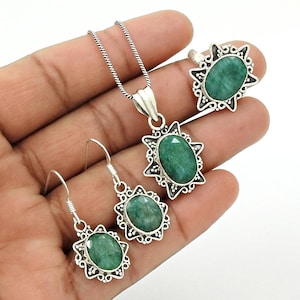 Conjunto de joyas con anillo a juego y pendientes de rubí y esmeralda en plata de ley 925, regalo de cumpleaños