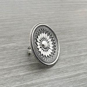 Vintage Style 925 Oxidized Sterling Silver Ethnic Ring Artisan Look Handmade Indian Jewelry Boho Statement Adjustable Ring for Women Gift