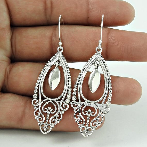 925 Sterling Silver Earrings, Mandala Geometric Drop Bohemian Tear - Technical View