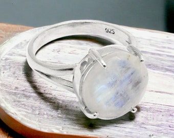 Natural Moonstone 925 Sterling Silver Handmade Prong Set Ring Minimalist June Birthstone Engagement Ring Unique Statement Ring Promise Ring