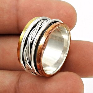 925 Sterling Silver Spinner Ring, Three Tone Spinner Handmade Silver Designer Bands Ring Wedding Gift Idea, Stress Relief Meditation Ring