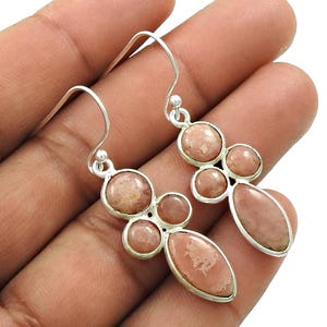 Pink Rhodochrosite Earrings, 925 Sterling Silver Earrings, Rhodochrosite Gemstone Floral Earrings, Dangle Drop Earrings, Womens Gift Jewelry