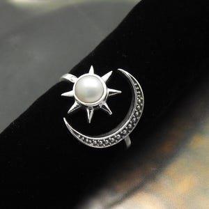 925 Sterling Silver Moon And Star Open Ring, Real Freshwater Pearl, Dainty and Delicate, Celestial Embrace Ring, Crescent Moon, Ring For Her