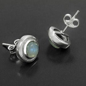 Rainbow Moonstone Stud Earrings, Statement Bezel Minimalist Earring, Handmade Earring, Dainty Blue Flash Gemstone Jewelry, Natural Studs