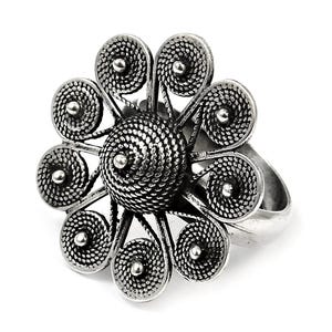 Solid 925 Sterling Oxidized Silver Ring, Adjustable Ethnic Ring, Silver Handmade Ring, Oxidized Ring, Indian Artisan Jewelry, Flower Ring