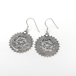 Boho Dangle Ethnic Style Earrings, Bohemian Drop Earrings, Large Silver Antique Earring, Tribal Statement Mandala Earrings, Handmade Jewelry