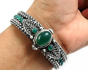 Wedding Gift Handmade 925 Sterling Oxidized Silver Natural Green Onyx Gemstone Engraved Indian Traditional Openable Kada Bangle For Her