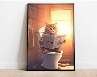 Cat Sitting on the Toilet Reading a Newspaper, Funny Bathroom Humor, Funny Animal Print, AI Digital Prints, Whimsical Cat Bathroom Wall Art