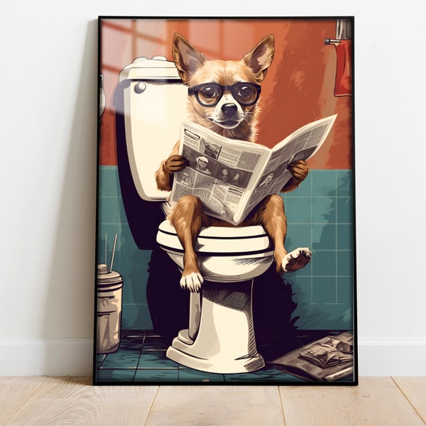 Chien assis sur les toilettes lisant un journal, humour drôle de salle de bain, imprimé animal drôle, impressions numériques, art mural fantaisiste de salle de bain pour chien