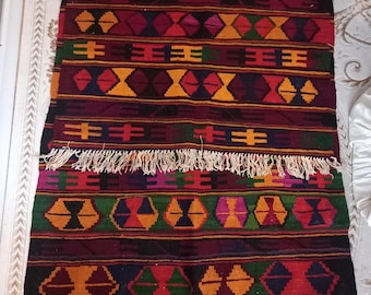 Antique Handwoven Kilim Rug - Vintage Persian, Turkish, Boho Geometric Wool Carpet - Decorative Floor Art for Home