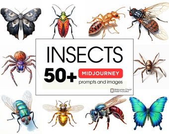 50+ Insect Art Midjourney Prompts: Colored Pencil, Watercolor & Pastel Techniques on White Background - Digital Download for Creatives