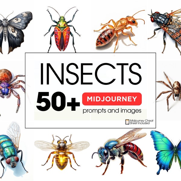 50+ Insect Art Midjourney Prompts: Colored Pencil, Watercolor & Pastel Techniques on White Background - Digital Download for Creatives