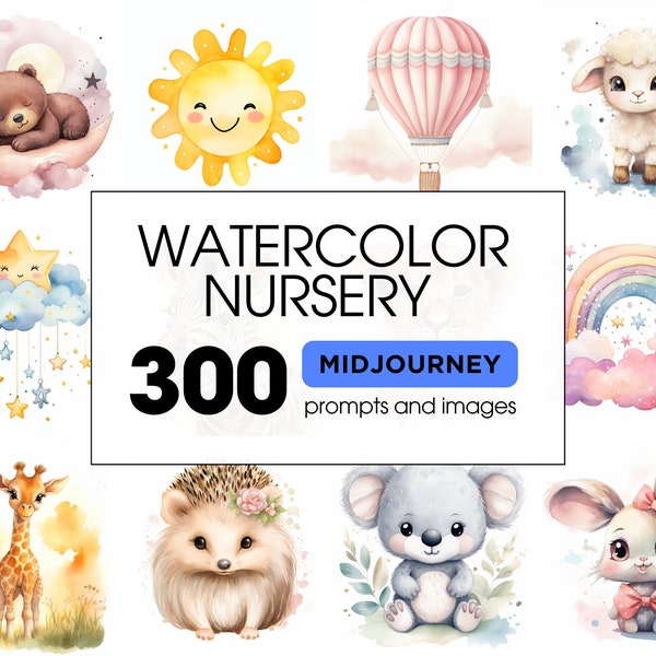 300 aquarel kinderkamermotiefaanwijzingen voor midjourney | Digitale kunstvragen voor babykamerdecoratie en wenskaarten | Directe download