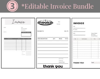 May include: Three editable invoice templates. The first template has a handwritten "Invoice" title. The second template has a logo with the word "Invoice" and stars. The third template has the word "INVOICE" in bold.