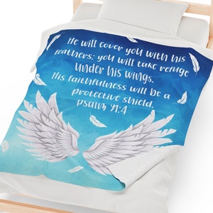 Bible Verse Blanket, Psalm 91:4, He Will Cover You In His Feathers. Angel Wings Throw Blanket, Prayer Blanket, Inspirational Christian Gift