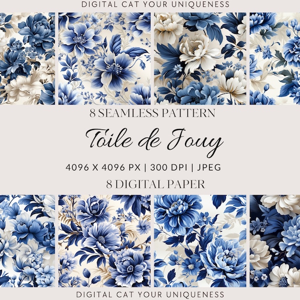 Toile de Jouy Style Seamless Blu Patterns for Creative Crafts - Set of 8 Floral Fairytale Designs, Commercial Use, premium design, flowers