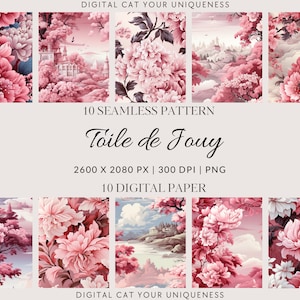 Toile de Jouy Style Seamless Pink Patterns for Creative Crafts - Set of 10 Floral Fairytale Designs, png, Commercial Use, premium design