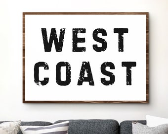 Impresión artística de tipografía de la Costa Oeste: Letrero de playa negro (descarga digital)