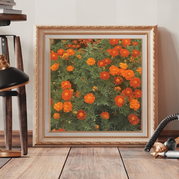 Orange Marigolds Print | Field of Flowers Wall Art | Spring and Summer Decor | Colorful Vintage Wall Decor | Bright Landscape Printable