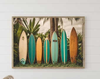 May include: A framed print of seven surfboards lined up on a beach. The surfboards are various colors, including blue, green, and brown. The surfboards are all different sizes and shapes. The background is a tropical beach with palm trees and lush greenery.
