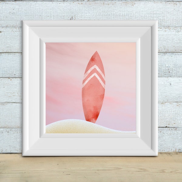 Pink Surfboard Wall Art Print | Printable Minimalist Beach Print | Fun Summer Wall Art | Ocean Poster | Beach Art Prints | Girls Surf Decor