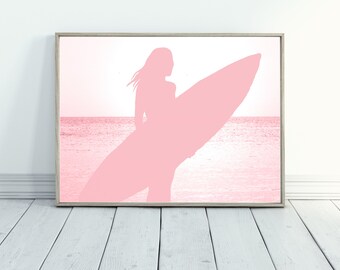 Pink Woman Surfer Silhouette Poster, Printable Wall Art from Home, Instant Digital Download, Scalable