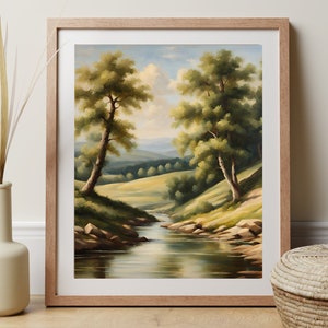 Fiume e alberi con paesaggio estivo, stampabile da parete, stampa a casa con download digitale istantaneo, ridimensionabile in base alle dimensioni preferite.