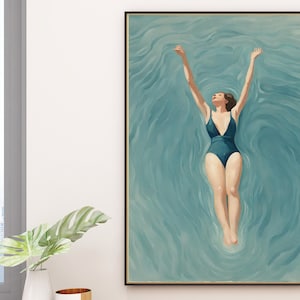 May include: A painting of a person floating in a turquoise blue body of water with their arms raised above their head. The person is wearing a dark blue swimsuit.