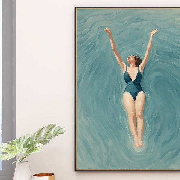 Girl Floating in Pool Print| Horizontal Swimming Wall Art | Pool Poster | Retro Minimalist Beach Art | Antique Printable Wall Art