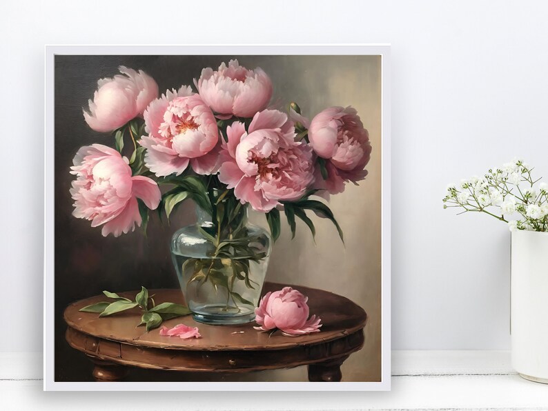 Vintage Pink Peonies Painting Moody Art Print Flower Print Dark Floral ...