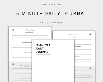 5 Minutes Journal | Minimalist | Printable Gratitude Journal | Self care | Mindfulness | Wellness Journaling | A5 and A4
