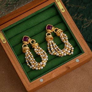 Vintage Tassel Earrings, Small White Natural Pearl Women Gold Long Earrings ,Handmade Baroque Small Pearl Stud Earrings for Women