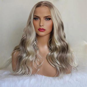16 Inch Blonde Brown Highlight Wig - Body Wave Lace Front Wig - HD Synthetic Lace Wig - Natural Look Heat Resistant Hair