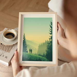 Redwood Poster California Travel Print Redwood National Park Art California Retro Wall Art Tall Trees Grove Poster Hiker Couple Art Gift
