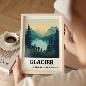 Glacier Travel Poster Montana Vintage Travel Poster Glacier Art Print Montana Hiking Gift Many Glacier Wall Art Sunrise Digital Print