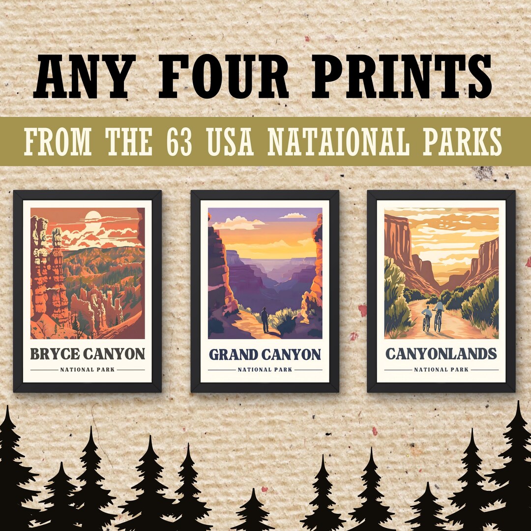 Any 4 National Park Prints Set, Custom National Park Poster Set, 4 National Park Prints, National Park Digital Prints Bundle, Hiker Prints - Etsy Japan