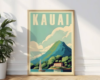 Kauai Travel Poster, Hawaiian Island Art Print, Kauai Island Travel Poster, Hawaii Wall Art For Travelers, Sailboat Wall Art For Adventurers