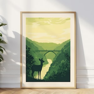 New River Gorge Poster West Virginia Travel Print New River Gorge Bridge Art Gift for Hikers National Park Traveler Gift Deer Wall Art