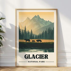 Glacier Travel Poster Montana Vintage Travel Poster Glacier Art Print Montana Mountains Gift Wolves Wall Art Glacier Digital Print