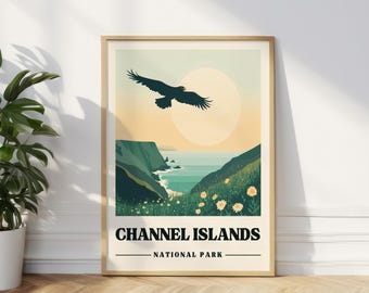 Póster de viaje de las Islas del Canal, impresión de viaje vintage de California, regalo de las Islas del Canal, impresión artística de California, arte mural digital de Cavern Point