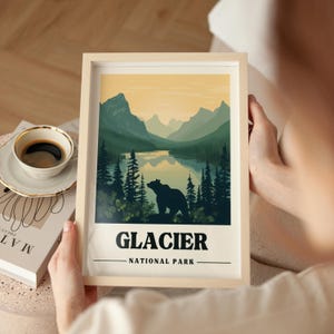 Glacier National Park Travel Poster Montana Vintage Travel Print Glacier Art Print Montana Camping Gift Wall Art Bear Digital Print Montana