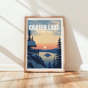 Crater Lake Poster Oregon Travel Print Crater Lake National Park Art Crater Lake Gift Hiker National Park Traveler Gift Watchman Overlook