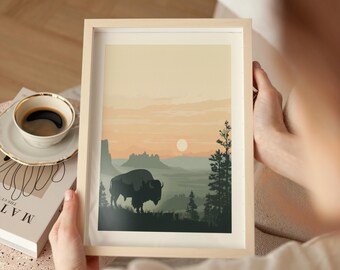 Plakat z Parku Narodowego Wind Cave w Południowej Dakocie, wydruk z podróży, grafika ścienna z bizonem, prezent dla wędrowców z Parku Narodowego Wind Cave, prezent dla podróżnika z Południowej Dakoty