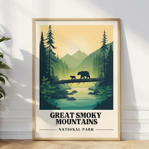 Great Smoky Mountains Travel Poster Tennessee Vintage Travel Print Great Smoky Mountains Art Print Bear Hiker Gift Forest Wall Art
