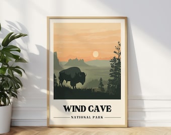 Plakat podróżniczy Wind Cave z Południowej Dakoty, wydruk z podróży w stylu vintage Wind Cave, wydruk artystyczny Wind Cave z Południowej Dakoty, prezent kempingowy, cyfrowy wydruk bizona, sztuka ścienna natury