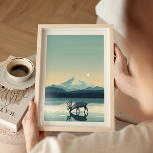 Póster de Denali, impresión de viaje a Alaska, arte del Parque Nacional Denali, impresión de vida silvestre de caribú, regalo para viajeros del Parque Nacional, arte de pared retro del Monte McKinley