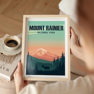Affiche du mont Rainier, impression de voyage à Washington, art du parc national du mont Rainier, cadeau de chèvre de montagne, cadeau de voyageur du parc national, mont Rainier